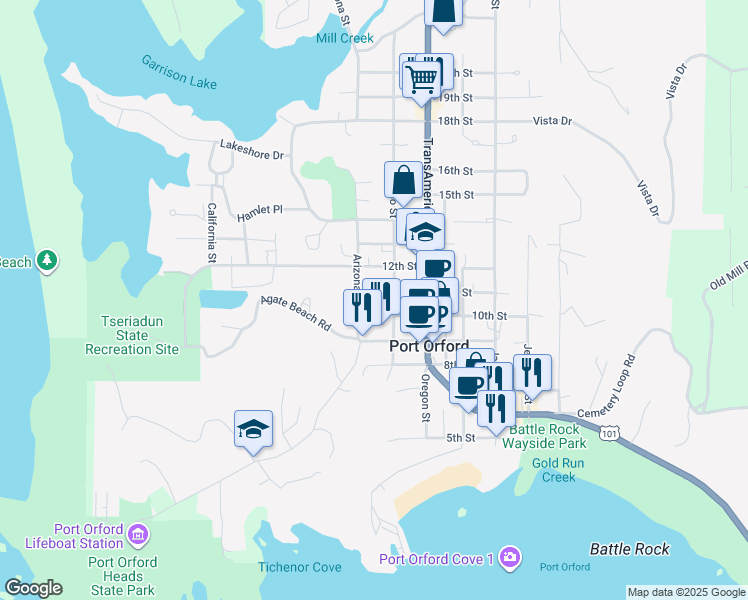 map of restaurants, bars, coffee shops, grocery stores, and more near 1040 Arizona Street in Port Orford