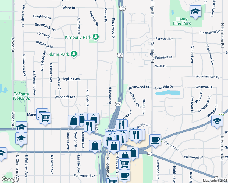 map of restaurants, bars, coffee shops, grocery stores, and more near 3019 Woodruff Avenue in Lansing