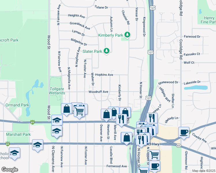 map of restaurants, bars, coffee shops, grocery stores, and more near 1217 Blake Avenue in Lansing