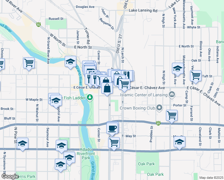 map of restaurants, bars, coffee shops, grocery stores, and more near 502 East Grand River Avenue in Lansing