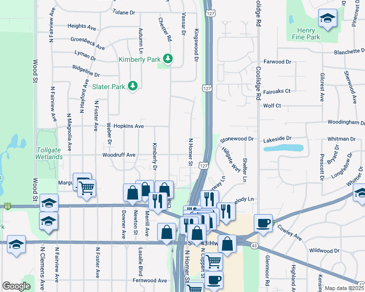 map of restaurants, bars, coffee shops, grocery stores, and more near 2904 Imperial Circle in Lansing