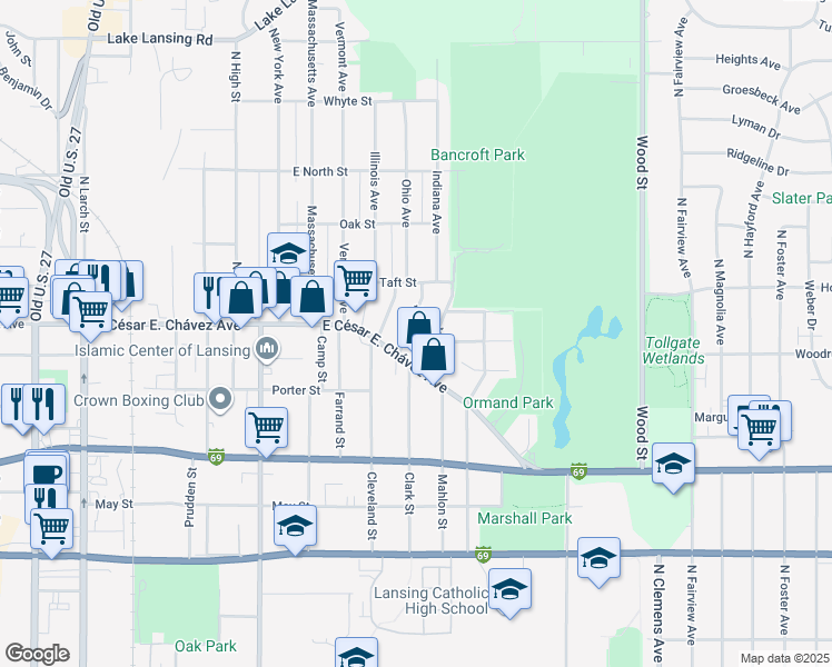 map of restaurants, bars, coffee shops, grocery stores, and more near 1211 Clark Street in Lansing