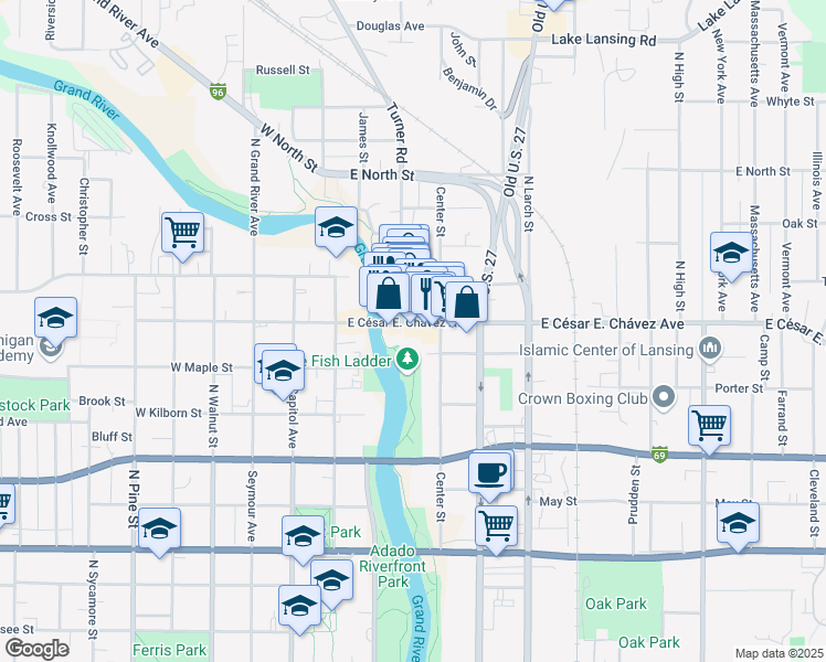 map of restaurants, bars, coffee shops, grocery stores, and more near 226 East Grand River Avenue in Lansing