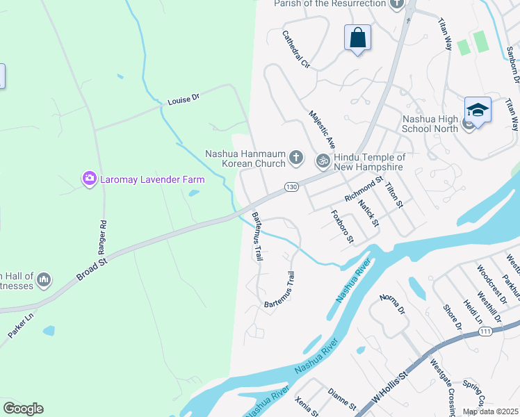 map of restaurants, bars, coffee shops, grocery stores, and more near 606 Broad Street in Nashua