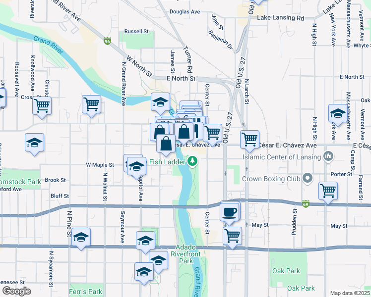 map of restaurants, bars, coffee shops, grocery stores, and more near 201 East Grand River Avenue in Lansing
