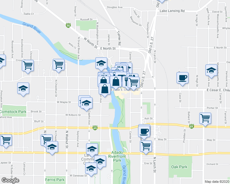 map of restaurants, bars, coffee shops, grocery stores, and more near 200 East Grand River Avenue in Lansing