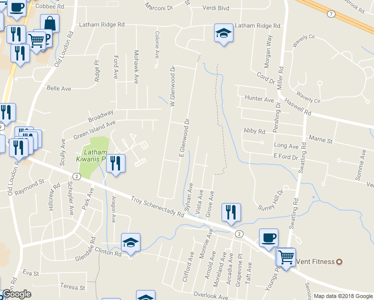 map of restaurants, bars, coffee shops, grocery stores, and more near 23 East Glenwood Drive in Latham