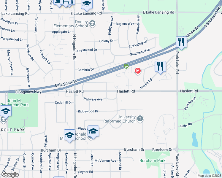 map of restaurants, bars, coffee shops, grocery stores, and more near 1719 Haslett Road in East Lansing