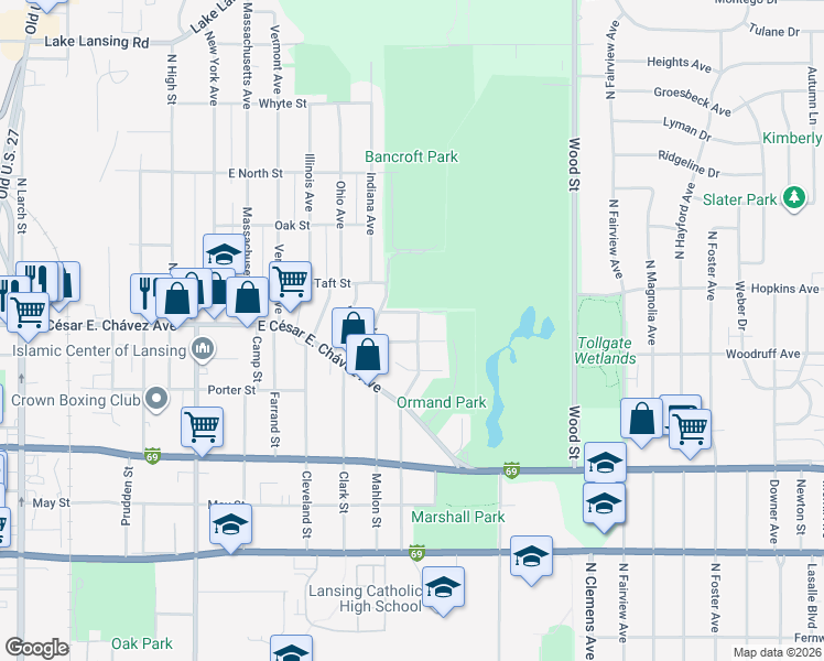map of restaurants, bars, coffee shops, grocery stores, and more near 1305 Maryland Avenue in Lansing