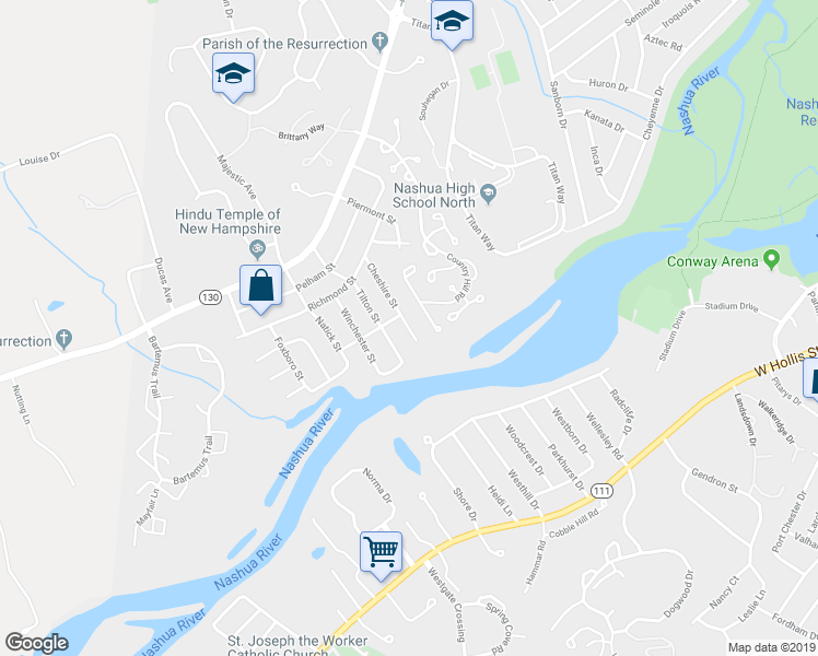 map of restaurants, bars, coffee shops, grocery stores, and more near 20 Cheshire Street in Nashua