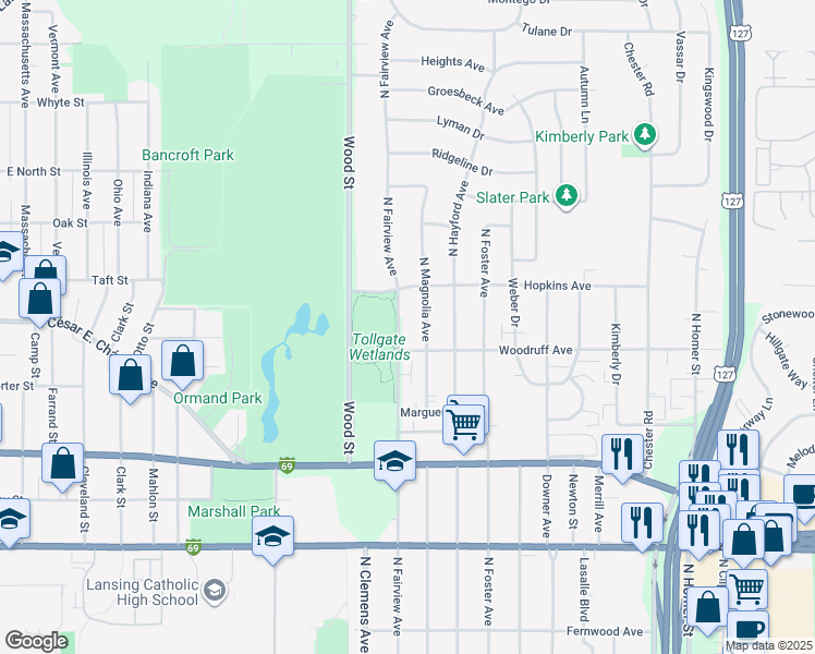 map of restaurants, bars, coffee shops, grocery stores, and more near 1215 North Magnolia Avenue in Lansing
