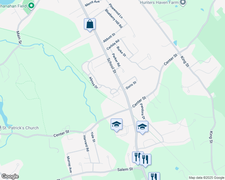 map of restaurants, bars, coffee shops, grocery stores, and more near 187 School Street in Groveland
