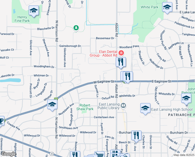 map of restaurants, bars, coffee shops, grocery stores, and more near 268 West Saginaw Street in East Lansing