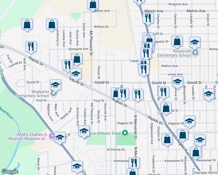 map of restaurants, bars, coffee shops, grocery stores, and more near 2039 Summit Avenue in Racine