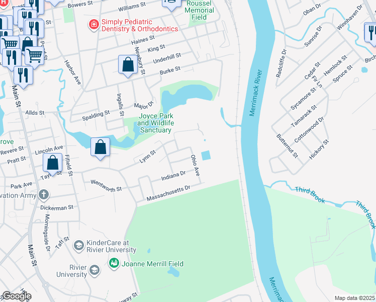 map of restaurants, bars, coffee shops, grocery stores, and more near 1 Melrose Street in Nashua