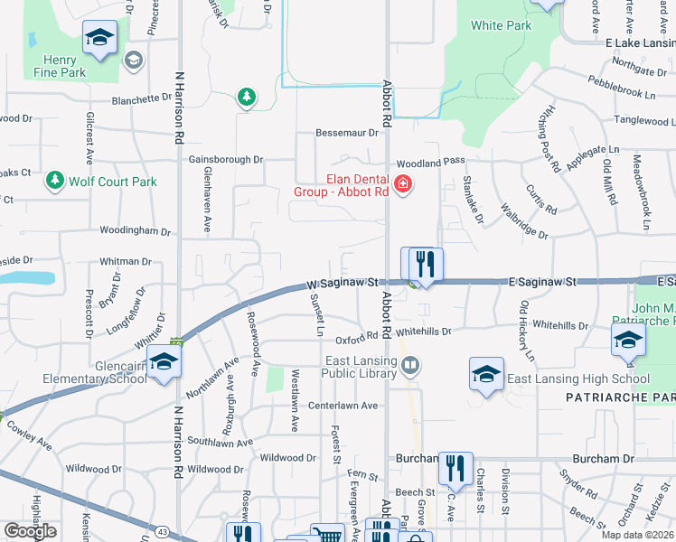map of restaurants, bars, coffee shops, grocery stores, and more near 238 West Saginaw Street in East Lansing