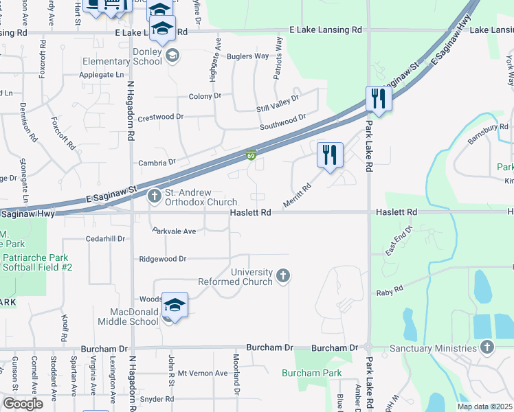 map of restaurants, bars, coffee shops, grocery stores, and more near 1206 Deer Path Lane in East Lansing