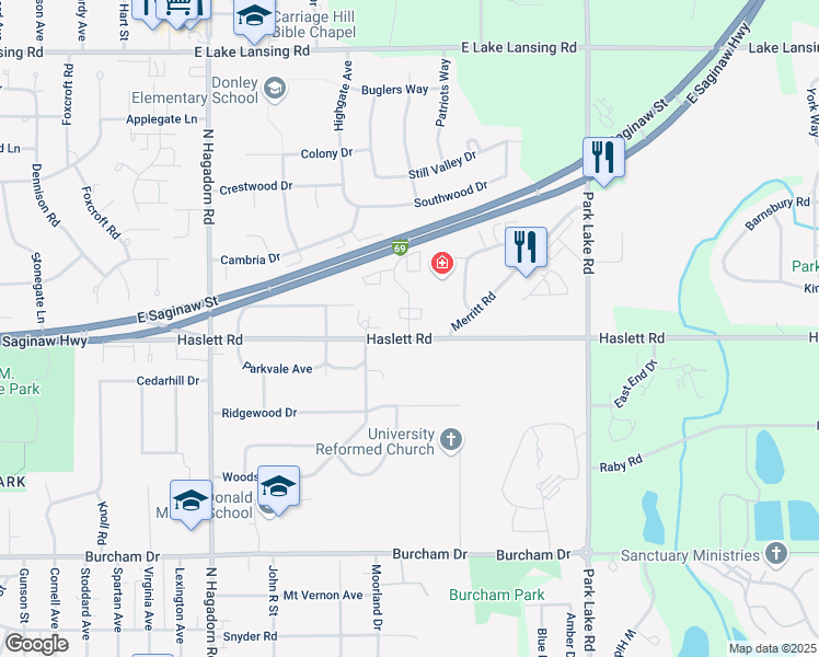 map of restaurants, bars, coffee shops, grocery stores, and more near 1206 Deer Path Lane in East Lansing