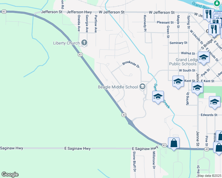 map of restaurants, bars, coffee shops, grocery stores, and more near 1116 Timber Creek Drive in Grand Ledge