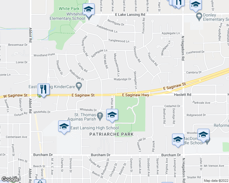 map of restaurants, bars, coffee shops, grocery stores, and more near 801 Beechlawn Court in East Lansing