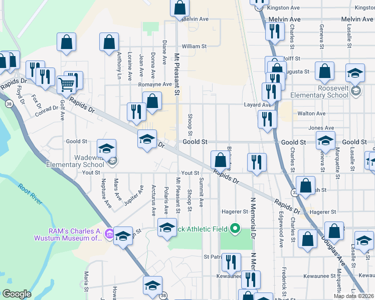 map of restaurants, bars, coffee shops, grocery stores, and more near 2045 Shoop Street in Racine