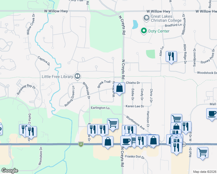 map of restaurants, bars, coffee shops, grocery stores, and more near 6530 Spring Tree Lane in Lansing