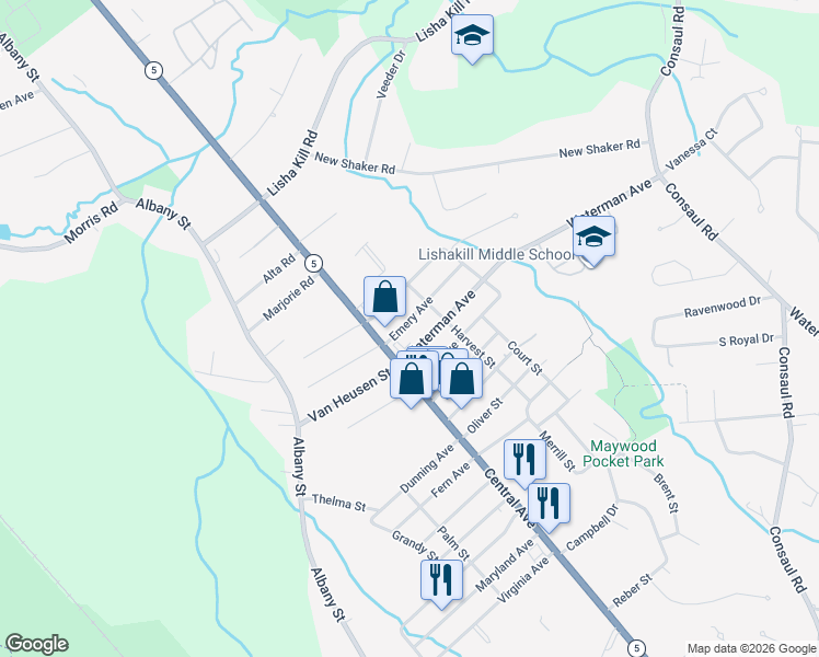 map of restaurants, bars, coffee shops, grocery stores, and more near 7 Emery Avenue in Albany