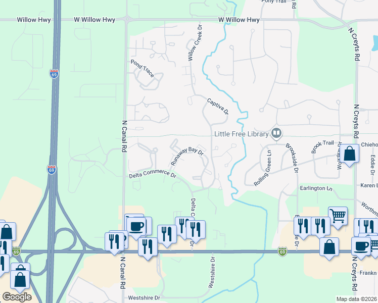 map of restaurants, bars, coffee shops, grocery stores, and more near 1011 Runaway Bay Drive in Lansing