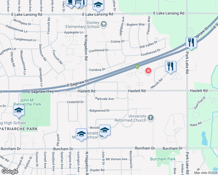 map of restaurants, bars, coffee shops, grocery stores, and more near 1645 Haslett Road in East Lansing