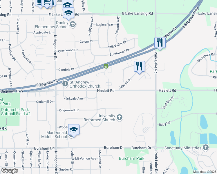 map of restaurants, bars, coffee shops, grocery stores, and more near 1208 Deer Path Lane in East Lansing