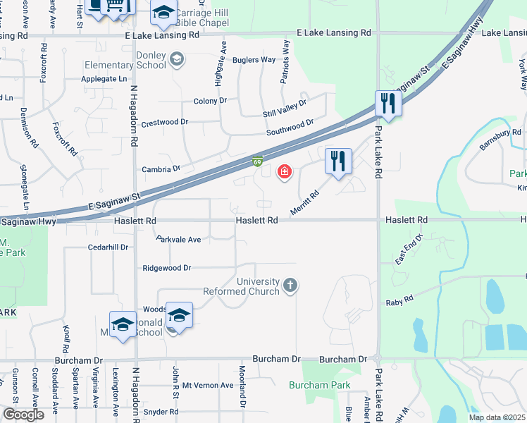 map of restaurants, bars, coffee shops, grocery stores, and more near 1208 Deer Path Lane in East Lansing