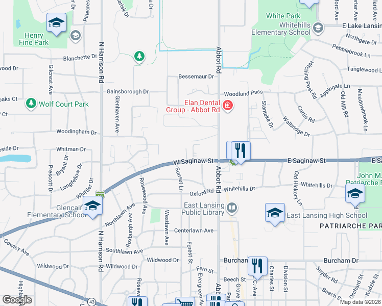 map of restaurants, bars, coffee shops, grocery stores, and more near 238 West Saginaw Street in East Lansing