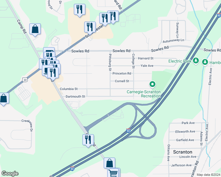 map of restaurants, bars, coffee shops, grocery stores, and more near 3758 Columbia Street in Hamburg