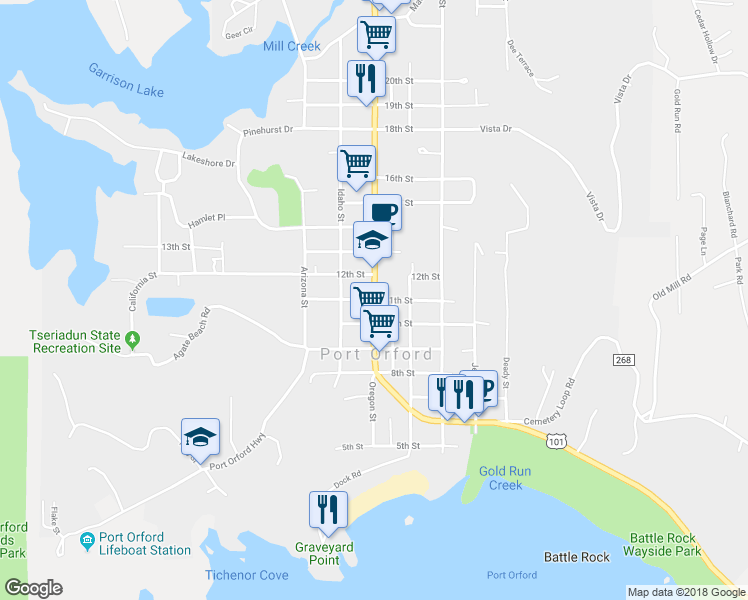 map of restaurants, bars, coffee shops, grocery stores, and more near 11th Street in Port Orford
