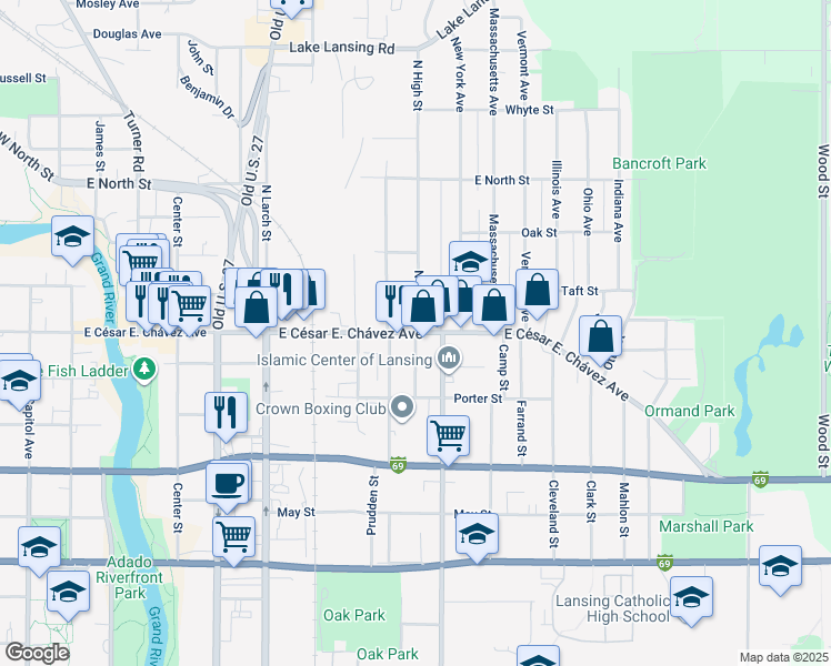 map of restaurants, bars, coffee shops, grocery stores, and more near 918 East Grand River Avenue in Lansing