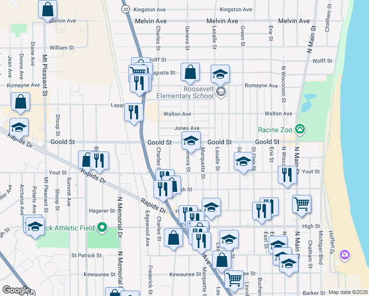 map of restaurants, bars, coffee shops, grocery stores, and more near 2049 Carter Street in Racine
