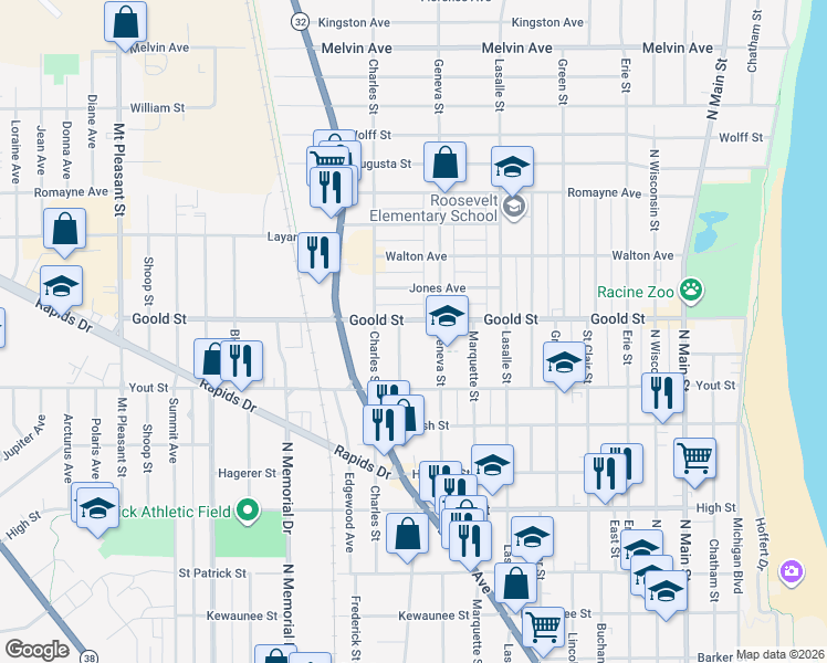 map of restaurants, bars, coffee shops, grocery stores, and more near 2049 Carter Street in Racine