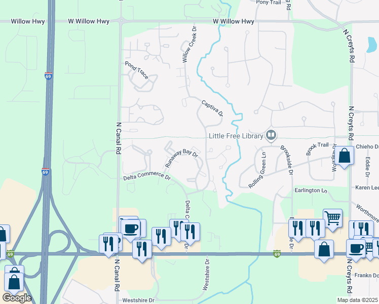 map of restaurants, bars, coffee shops, grocery stores, and more near 1241 Runaway Bay Dr in Lansing
