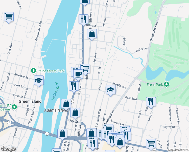 map of restaurants, bars, coffee shops, grocery stores, and more near 61-63 Ingalls Avenue in Troy