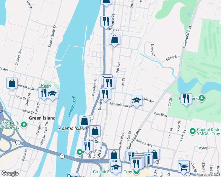 map of restaurants, bars, coffee shops, grocery stores, and more near 40 Ingalls Avenue in Troy