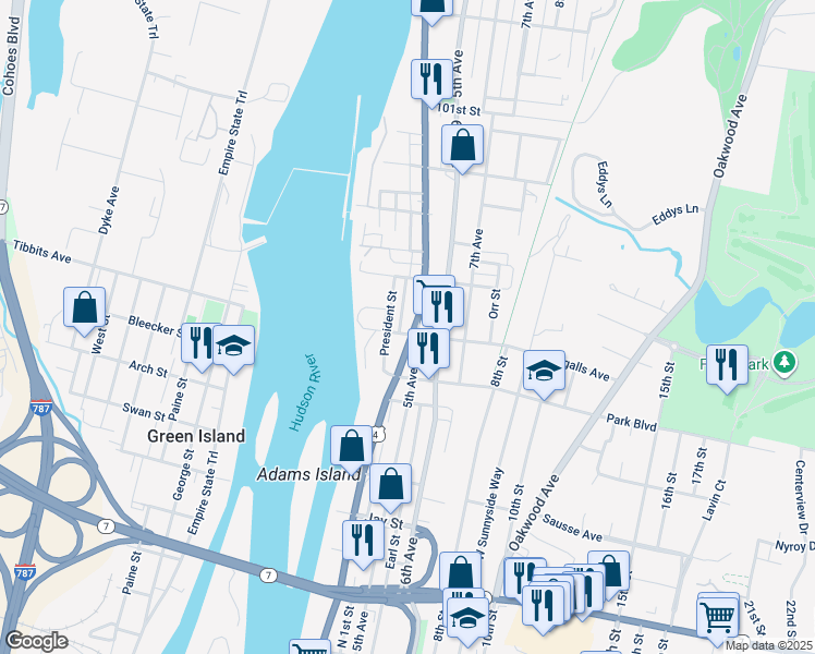 map of restaurants, bars, coffee shops, grocery stores, and more near 727 River Street in Troy
