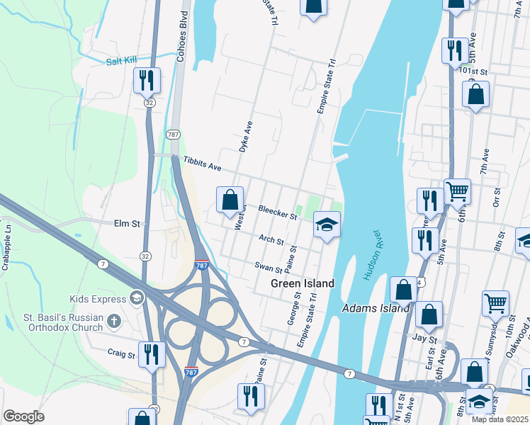 map of restaurants, bars, coffee shops, grocery stores, and more near 69 James Street in Green Island