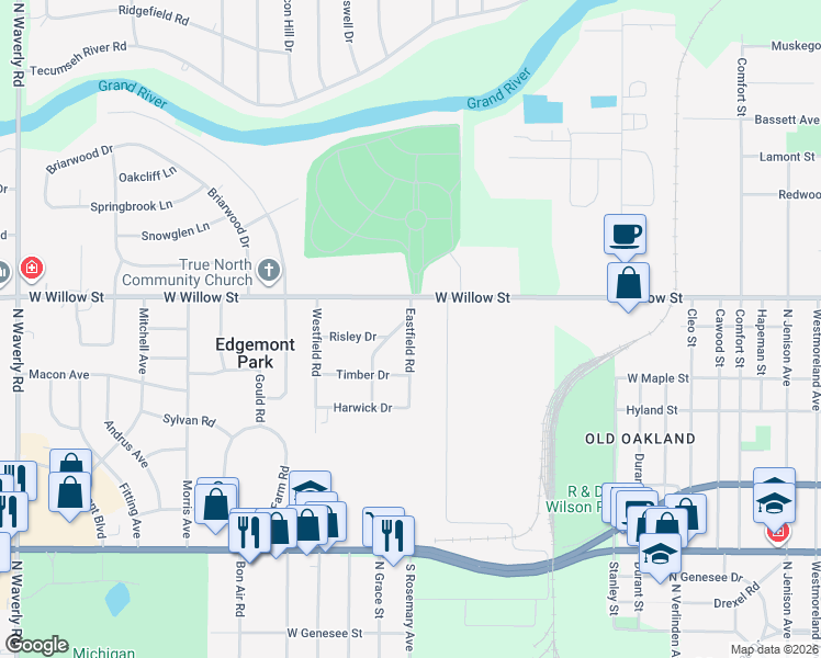 map of restaurants, bars, coffee shops, grocery stores, and more near 1131 Eastfield Road in Lansing