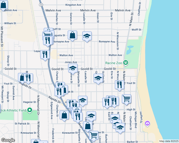 map of restaurants, bars, coffee shops, grocery stores, and more near 2035 Superior Street in Racine