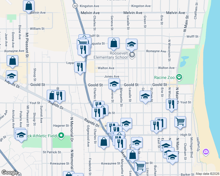 map of restaurants, bars, coffee shops, grocery stores, and more near 2049 Carter Street in Racine