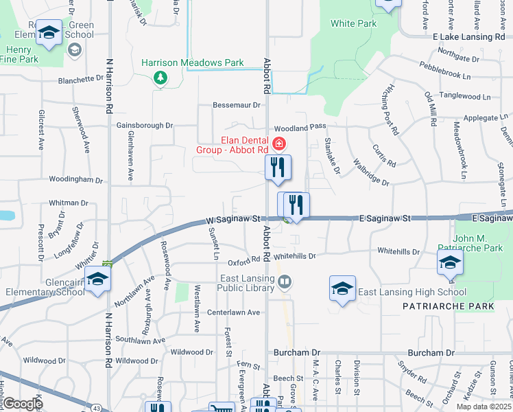 map of restaurants, bars, coffee shops, grocery stores, and more near 1305 Abbot Road in East Lansing