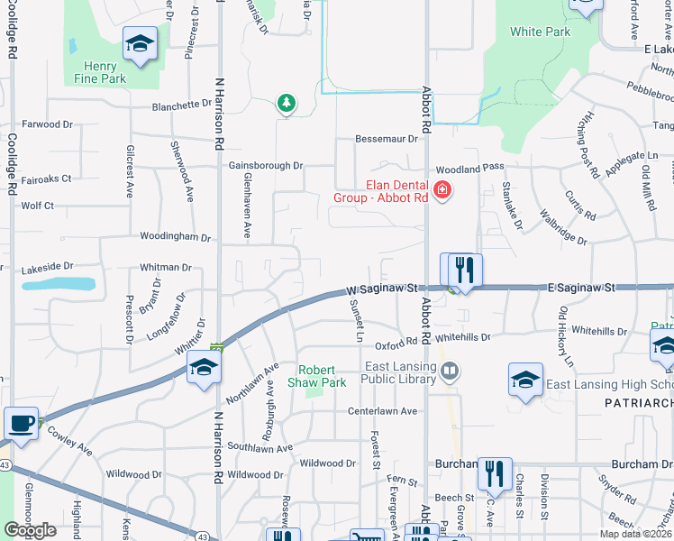 map of restaurants, bars, coffee shops, grocery stores, and more near 268 West Saginaw Street in East Lansing
