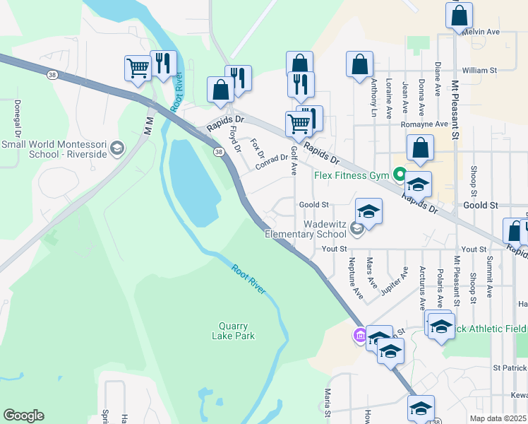 map of restaurants, bars, coffee shops, grocery stores, and more near 3234 Northwestern Avenue in Racine