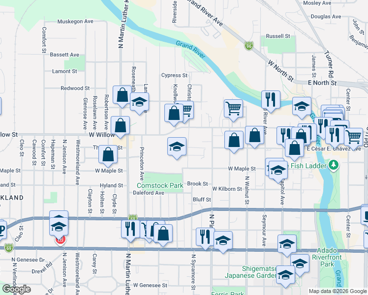 map of restaurants, bars, coffee shops, grocery stores, and more near 715 West Willow Street in Lansing