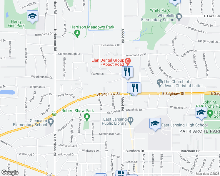 map of restaurants, bars, coffee shops, grocery stores, and more near 200 West Saginaw Street in East Lansing